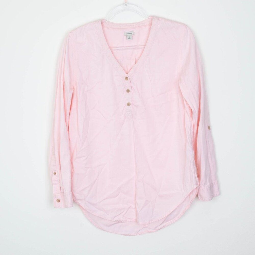 LL Bean Womens Tencel Blend Popover Shirt Size S Pink Roll‎ Tab Sleeve Coastal